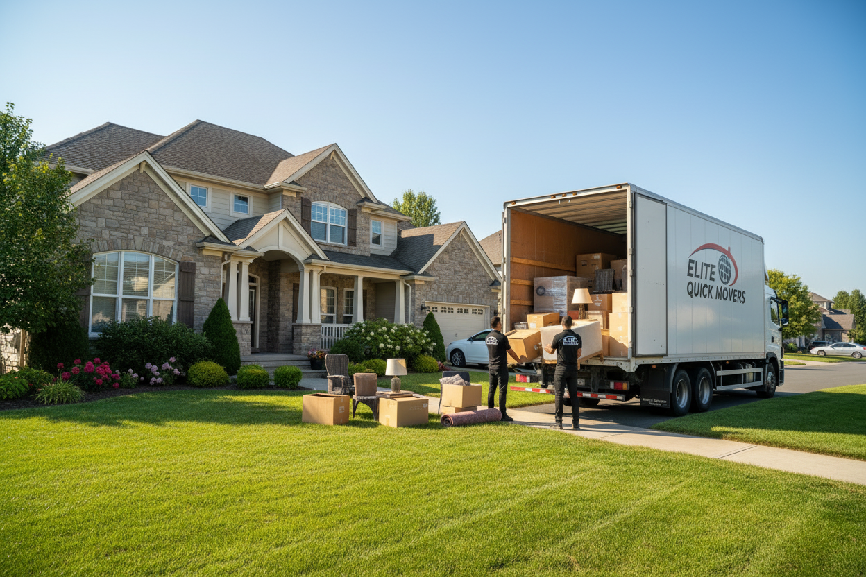 Elite Quick Movers crew in branded shirts loading a moving truck in front of a residential home for long distance move